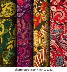Set of tracery colorful seamless patterns. Vertical stripes. Curved doodling backgrounds for textile or printing with mehndi and ethnic motives. Vector