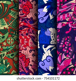 Set of tracery colorful seamless patterns. Vertical stripes. Curved doodling backgrounds for textile or printing with mehndi and ethnic motives. Vector