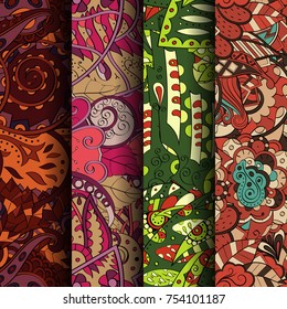 Set of tracery colorful seamless patterns. Vertical stripes. Curved doodling backgrounds for textile or printing with mehndi and ethnic motives. Vector