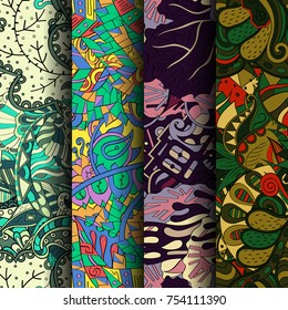 Set of tracery colorful seamless patterns. Vertical stripes. Curved doodling backgrounds for textile or printing with mehndi and ethnic motives. Vector