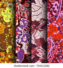 Set of tracery colorful seamless patterns. Vertical stripes. Curved doodling backgrounds for textile or printing with mehndi and ethnic motives. Vector