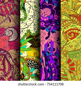 Set of tracery colorful seamless patterns. Vertical stripes. Curved doodling backgrounds for textile or printing with mehndi and ethnic motives. Vector