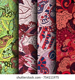 Set of tracery colorful seamless patterns. Vertical stripes. Curved doodling backgrounds for textile or printing with mehndi and ethnic motives. Vector