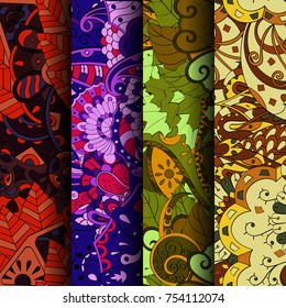 Set of tracery colorful seamless patterns. Vertical stripes. Curved doodling backgrounds for textile or printing with mehndi and ethnic motives. Vector