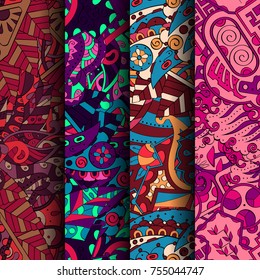 Set of tracery colorful seamless patterns. Vertical stripes. Curved doodling backgrounds for textile or printing with mehndi and ethnic motives. Vector
