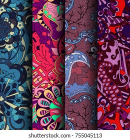 Set of tracery colorful seamless patterns. Vertical stripes. Curved doodling backgrounds for textile or printing with mehndi and ethnic motives. Vector