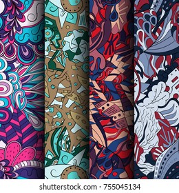 Set of tracery colorful seamless patterns. Vertical stripes. Curved doodling backgrounds for textile or printing with mehndi and ethnic motives. Vector
