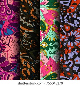 Set of tracery colorful seamless patterns. Vertical stripes. Curved doodling backgrounds for textile or printing with mehndi and ethnic motives. Vector