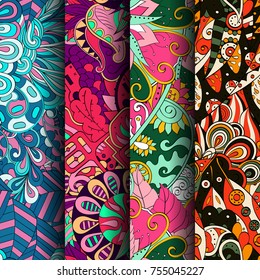 Set of tracery colorful seamless patterns. Vertical stripes. Curved doodling backgrounds for textile or printing with mehndi and ethnic motives. Vector