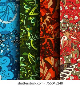Set of tracery colorful seamless patterns. Vertical stripes. Curved doodling backgrounds for textile or printing with mehndi and ethnic motives. Vector