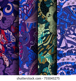 Set of tracery colorful seamless patterns. Vertical stripes. Curved doodling backgrounds for textile or printing with mehndi and ethnic motives. Vector