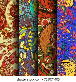 Set of tracery colorful seamless patterns. Vertical stripes. Curved doodling backgrounds for textile or printing with mehndi and ethnic motives. Vector