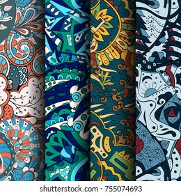 Set of tracery colorful seamless patterns. Vertical stripes. Curved doodling backgrounds for textile or printing with mehndi and ethnic motives. Vector