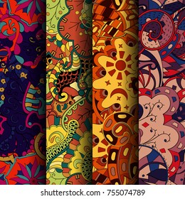 Set of tracery colorful seamless patterns. Vertical stripes. Curved doodling backgrounds for textile or printing with mehndi and ethnic motives. Vector