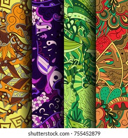 Set of tracery colorful seamless patterns. Vertical stripes. Curved doodling backgrounds for textile or printing with mehndi and ethnic motives. Vector