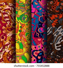 Set of tracery colorful seamless patterns. Vertical stripes. Curved doodling backgrounds for textile or printing with mehndi and ethnic motives. Vector