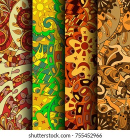 Set of tracery colorful seamless patterns. Vertical stripes. Curved doodling backgrounds for textile or printing with mehndi and ethnic motives. Vector