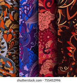 Set of tracery colorful seamless patterns. Vertical stripes. Curved doodling backgrounds for textile or printing with mehndi and ethnic motives. Vector
