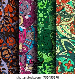 Set of tracery colorful seamless patterns. Vertical stripes. Curved doodling backgrounds for textile or printing with mehndi and ethnic motives. Vector
