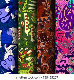 Set of tracery colorful seamless patterns. Vertical stripes. Curved doodling backgrounds for textile or printing with mehndi and ethnic motives. Vector