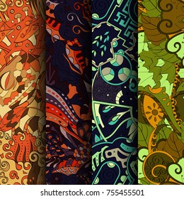 Set of tracery colorful seamless patterns. Vertical stripes. Curved doodling backgrounds for textile or printing with mehndi and ethnic motives. Vector