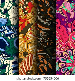 Set of tracery colorful seamless patterns. Vertical stripes. Curved doodling backgrounds for textile or printing with mehndi and ethnic motives. Vector