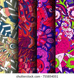 Set of tracery colorful seamless patterns. Vertical stripes. Curved doodling backgrounds for textile or printing with mehndi and ethnic motives. Vector