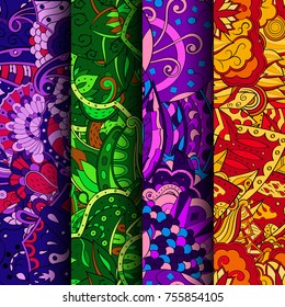 Set of tracery colorful seamless patterns. Vertical stripes. Curved doodling backgrounds for textile or printing with mehndi and ethnic motives. Vector