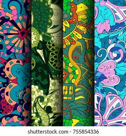 Set of tracery colorful seamless patterns. Vertical stripes. Curved doodling backgrounds for textile or printing with mehndi and ethnic motives. Vector