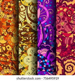 Set of tracery colorful seamless patterns. Vertical stripes. Curved doodling backgrounds for textile or printing with mehndi and ethnic motives. Vector