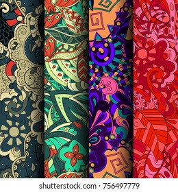 Set of tracery colorful seamless patterns. Vertical stripes. Curved doodling backgrounds for textile or printing with mehndi and ethnic motives. Vector