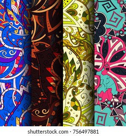 Set of tracery colorful seamless patterns. Vertical stripes. Curved doodling backgrounds for textile or printing with mehndi and ethnic motives. Vector