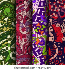 Set of tracery colorful seamless patterns. Vertical stripes. Curved doodling backgrounds for textile or printing with mehndi and ethnic motives. Vector