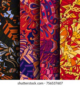 Set of tracery colorful seamless patterns. Vertical stripes. Curved doodling backgrounds for textile or printing with mehndi and ethnic motives. Vector