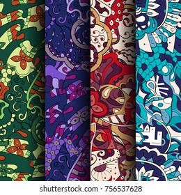 Set of tracery colorful seamless patterns. Vertical stripes. Curved doodling backgrounds for textile or printing with mehndi and ethnic motives. Vector