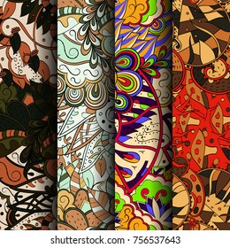 Set of tracery colorful seamless patterns. Vertical stripes. Curved doodling backgrounds for textile or printing with mehndi and ethnic motives. Vector