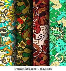 Set of tracery colorful seamless patterns. Vertical stripes. Curved doodling backgrounds for textile or printing with mehndi and ethnic motives. Vector