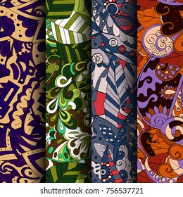 Set of tracery colorful seamless patterns. Vertical stripes. Curved doodling backgrounds for textile or printing with mehndi and ethnic motives. Vector