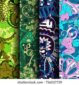 Set of tracery colorful seamless patterns. Vertical stripes. Curved doodling backgrounds for textile or printing with mehndi and ethnic motives. Vector