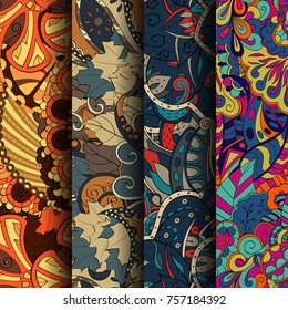 Set of tracery colorful seamless patterns. Vertical stripes. Curved doodling backgrounds for textile or printing with mehndi and ethnic motives. Vector