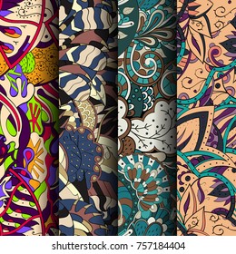 Set of tracery colorful seamless patterns. Vertical stripes. Curved doodling backgrounds for textile or printing with mehndi and ethnic motives. Vector