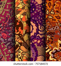 Set of tracery colorful seamless patterns. Vertical stripes. Curved doodling backgrounds for textile or printing with mehndi and ethnic motives. Vector