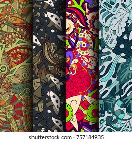 Set of tracery colorful seamless patterns. Vertical stripes. Curved doodling backgrounds for textile or printing with mehndi and ethnic motives. Vector