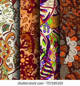 Set of tracery colorful seamless patterns. Vertical stripes. Curved doodling backgrounds for textile or printing with mehndi and ethnic motives. Vector