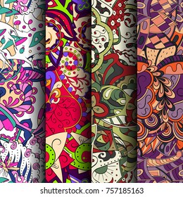 Set of tracery colorful seamless patterns. Vertical stripes. Curved doodling backgrounds for textile or printing with mehndi and ethnic motives. Vector