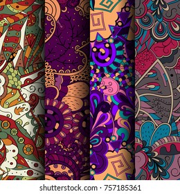 Set of tracery colorful seamless patterns. Vertical stripes. Curved doodling backgrounds for textile or printing with mehndi and ethnic motives. Vector