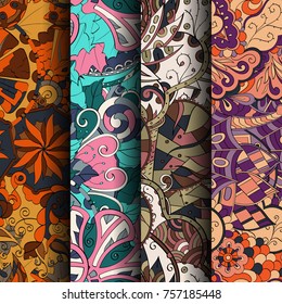 Set of tracery colorful seamless patterns. Vertical stripes. Curved doodling backgrounds for textile or printing with mehndi and ethnic motives. Vector
