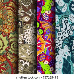 Set of tracery colorful seamless patterns. Vertical stripes. Curved doodling backgrounds for textile or printing with mehndi and ethnic motives. Vector