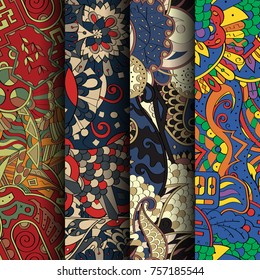 Set of tracery colorful seamless patterns. Vertical stripes. Curved doodling backgrounds for textile or printing with mehndi and ethnic motives. Vector