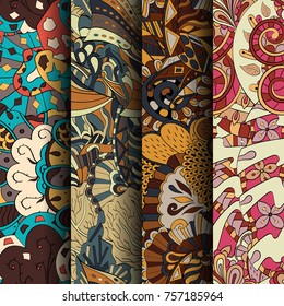 Set of tracery colorful seamless patterns. Vertical stripes. Curved doodling backgrounds for textile or printing with mehndi and ethnic motives. Vector